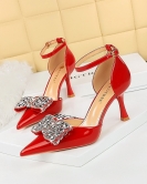 Summer high -heeled shoes women's shoes mid -length shoe pointed hollow rhinetic bow bowl with a word with high heel sandals