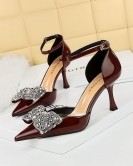 Summer high -heeled shoes women's shoes mid -length shoe pointed hollow rhinetic bow bowl with a word with high heel sandals