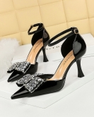 Summer high -heeled shoes women's shoes mid -length shoe pointed hollow rhinetic bow bowl with a word with high heel sandals