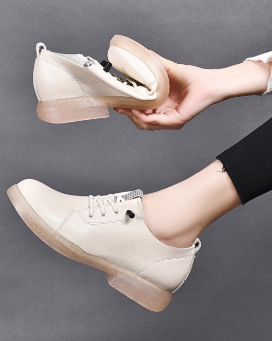 Spring and summer head layer leather flat bottom low heel round head rhinestone soft bottom soft bottom shoes small leather shoes