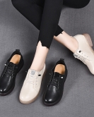 Spring and summer head layer leather flat bottom low heel round head rhinestone soft bottom soft bottom shoes small leather shoes