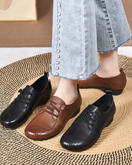 Single shoes spring soft bottom soft face retro flat bottom layer cowhide shoes round head women's shoes bean shoes