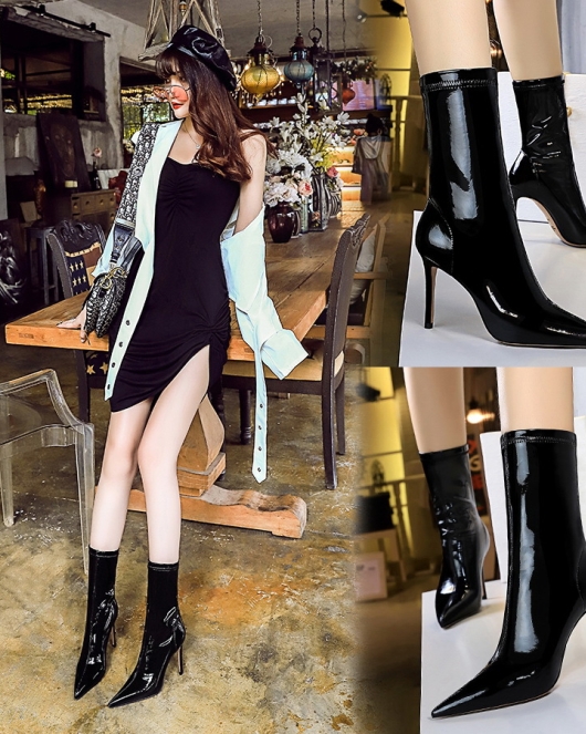 Fashion sexy nightclub is thin and bright patent leather elasticity, thin pointed short boots in winter thin boots