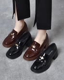 Round -headed small leather shoes female spring season British style foot shoes, cow leather metal buckle thick heel shoes