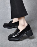 Round -headed small leather shoes female spring season British style foot shoes, cow leather metal buckle thick heel shoes