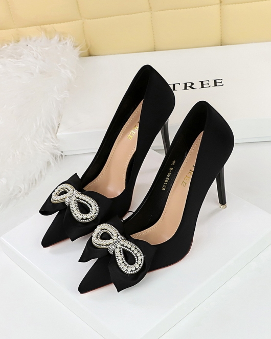 Banquet high -heeled shoe fine heel pointed -headed satin pearl rhinestone bow single shoes female