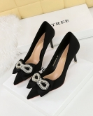 Banquet high -heeled shoe fine heel pointed -headed satin pearl rhinestone bow single shoes female