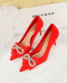 Banquet high -heeled shoe fine heel pointed -headed satin pearl rhinestone bow single shoes female