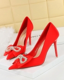 Banquet high -heeled shoe fine heel pointed -headed satin pearl rhinestone bow single shoes female