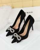 Banquet high -heeled shoe fine heel pointed -headed satin pearl rhinestone bow single shoes female