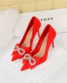 Banquet high -heeled shoe fine heel pointed -headed satin pearl rhinestone bow single shoes female