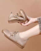 Round -headed single shoes female autumn soft bottom soft -bottomed cowhide lace flat shoes comfortable British style small leather shoes