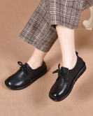 Round -headed single shoes female autumn soft bottom soft -bottomed cowhide lace flat shoes comfortable British style small leather shoes