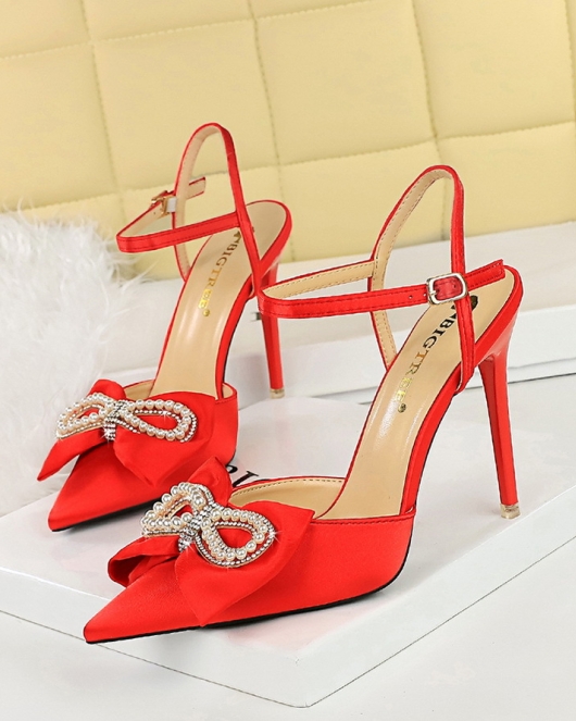 Summer high -heeled shoes Women's shoes fine heel spikes satin bowl hollowed out a word with high heel sandals