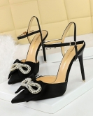 Summer high -heeled shoes Women's shoes fine heel spikes satin bowl hollowed out a word with high heel sandals