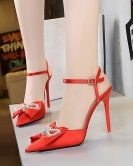 Summer high -heeled shoes Women's shoes fine heel spikes satin bowl hollowed out a word with high heel sandals