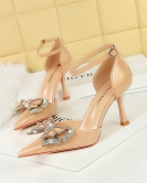 Banquet Women's Shoes high heels, shallow mouth, pointed patent leather in the empty rhinestone bowl, a word sandals with a sandals