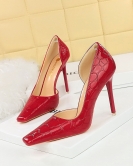 Wind retro patent leather stone pattern shallow mouth hollow square head high heel high heel high heel women's shoes women's shoes