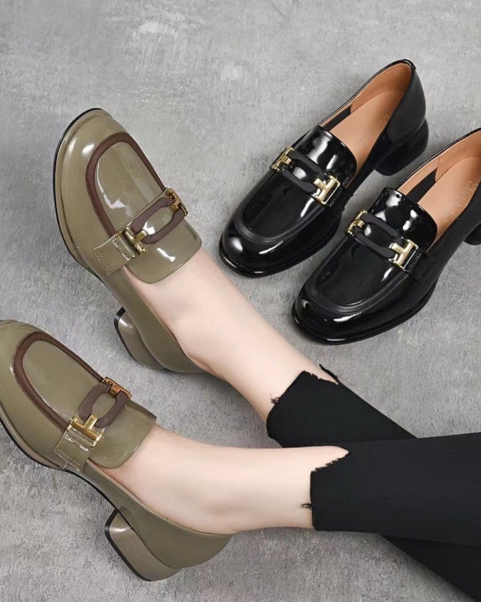 Round -headed shoes Spring British one pedal comfortable head -layer beef patent leather thick heel single shoes small leather shoes