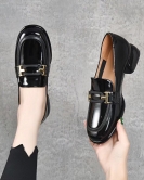 Round -headed shoes Spring British one pedal comfortable head -layer beef patent leather thick heel single shoes small leather shoes