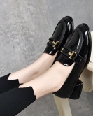 Round -headed shoes Spring British one pedal comfortable head -layer beef patent leather thick heel single shoes small leather shoes