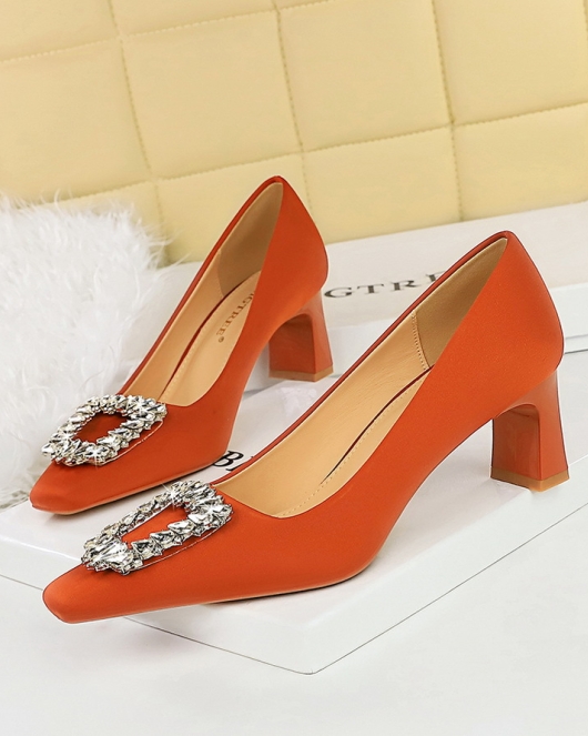 Wind banquet Women's shoes thick heels high -heeled satin light square head metal rhinestone buckle single shoes women