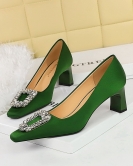 Wind banquet Women's shoes thick heels high -heeled satin light square head metal rhinestone buckle single shoes women