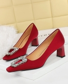 Wind banquet Women's shoes thick heels high -heeled satin light square head metal rhinestone buckle single shoes women