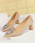 Wind banquet Women's shoes thick heels high -heeled satin light square head metal rhinestone buckle single shoes women