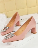 Wind banquet Women's shoes thick heels high -heeled satin light square head metal rhinestone buckle single shoes women