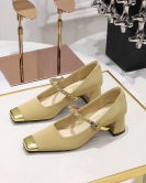 Temperament Mary Zhen Shoes thick heels in the heel of light -colored stitching square head metal chain with a single shoes