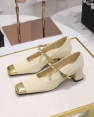 Temperament Mary Zhen Shoes thick heels in the heel of light -colored stitching square head metal chain with a single shoes