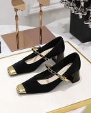 Temperament Mary Zhen Shoes thick heels in the heel of light -colored stitching square head metal chain with a single shoes