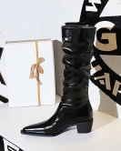 Retro -style high -end female boots thick heel pointed wrinkles shiny face high boots Knight boots