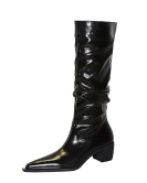 Retro -style high -end female boots thick heel pointed wrinkles shiny face high boots Knight boots