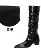 Retro -style high -end female boots thick heel pointed wrinkles shiny face high boots Knight boots