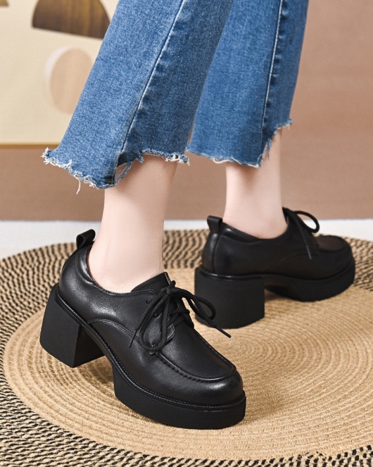 Thick -soled shoes Female spring season head layer cowhide round head low -top single shoes loose cake casual shoes lace -up shoes