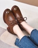 Thick -soled shoes Female spring season head layer cowhide round head low -top single shoes loose cake casual shoes lace -up shoes