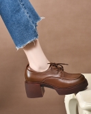 Thick -soled shoes Female spring season head layer cowhide round head low -top single shoes loose cake casual shoes lace -up shoes