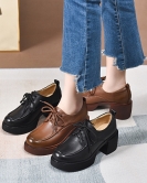 Thick -soled shoes Female spring season head layer cowhide round head low -top single shoes loose cake casual shoes lace -up shoes