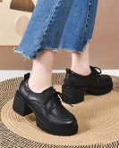 Thick -soled shoes Female spring season head layer cowhide round head low -top single shoes loose cake casual shoes lace -up shoes