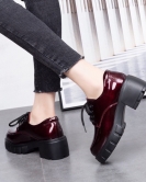 Women's shoes in spring British style thick bottom layer of beef patent peeling cake bottom deep mouth lace -up single shoe shoes