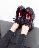 Women's shoes in spring British style thick bottom layer of beef patent peeling cake bottom deep mouth lace -up single shoe shoes