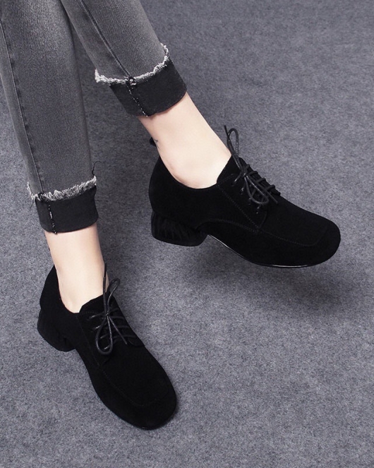 Round -headed shoes spring casual British black thick heel lace single shoe sheepskin deep mouth women's single shoes