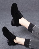 Round -headed shoes spring casual British black thick heel lace single shoe sheepskin deep mouth women's single shoes