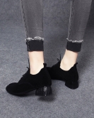 Round -headed shoes spring casual British black thick heel lace single shoe sheepskin deep mouth women's single shoes