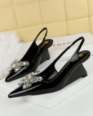 High -heeled slopes and patent leather shallow mouth cut -end hollow cutout metal rhinestone bow single shoes women's shoes