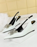 High -heeled slopes and patent leather shallow mouth cut -end hollow cutout metal rhinestone bow single shoes women's shoes