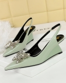 High -heeled slopes and patent leather shallow mouth cut -end hollow cutout metal rhinestone bow single shoes women's shoes