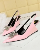 High -heeled slopes and patent leather shallow mouth cut -end hollow cutout metal rhinestone bow single shoes women's shoes